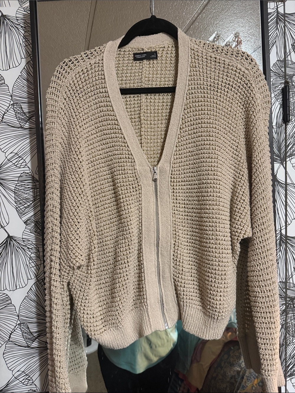 Bernardo Beige Waffle Knit Zip Cardigan